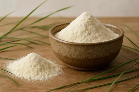 guar gum powder in a decorative bowl on a table.