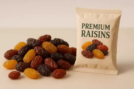 multi-colored raisins placed beside a package of premium raisins.