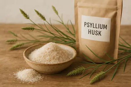 bowl filled with psyllium husk placed beside its package on a wooden table.
