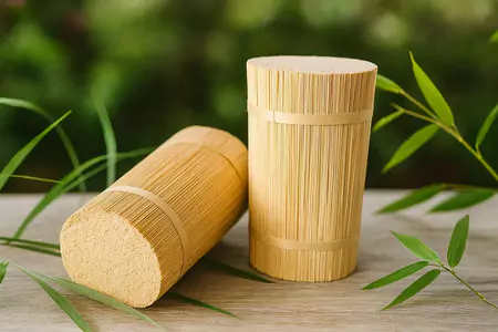 two stacks of bamboo sticks for incense making placed on wooden table.