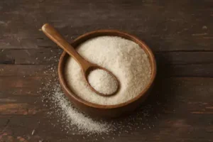 Psyllium Husk psyllium husk in a wooden bowl on a table.